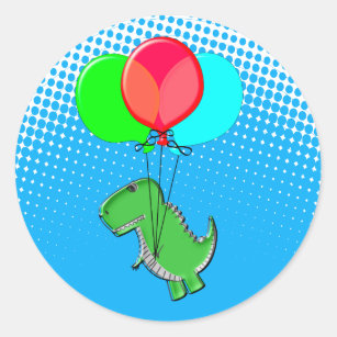Cute T-Rex Flying With Balloons In Blue Sky Classic Round Sticker