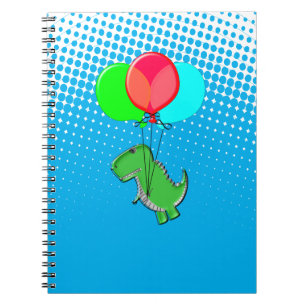 Cute T-Rex Flying With Balloons In Blue Sky Notebook