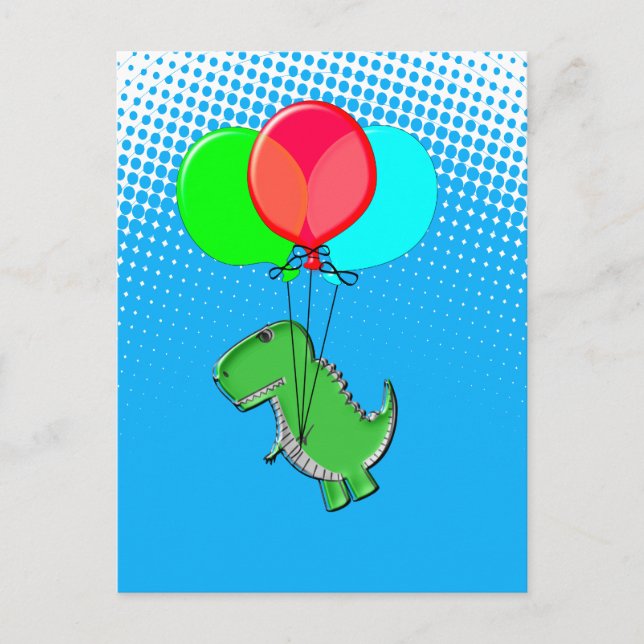 Cute T-Rex Flying With Balloons In Blue Sky  Postcard (Front)