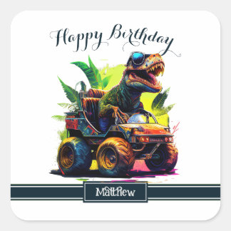 Cute T-Rex Riding Monster Truck Dinosaur Birthday  Square Sticker
