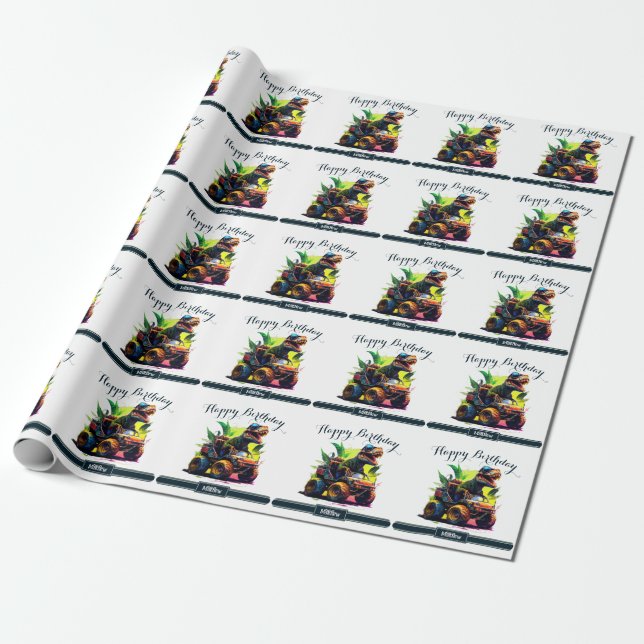 Cute T-Rex Riding Monster Truck Dinosaur Birthday  Wrapping Paper (Unrolled)