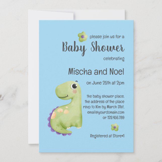 Cute T Rex Watercolor Nursery Boy Baby Shower Invitation (Front)