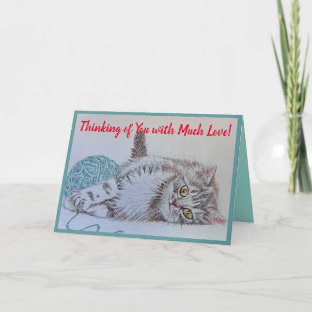 Cute Tabby Cat Aqua Drawing Cat Art Greetings Card (Front)