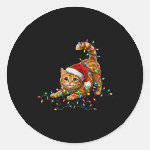 Cute Tabby Cat Christmas Funny Lights Xmas Cat In  Classic Round Sticker