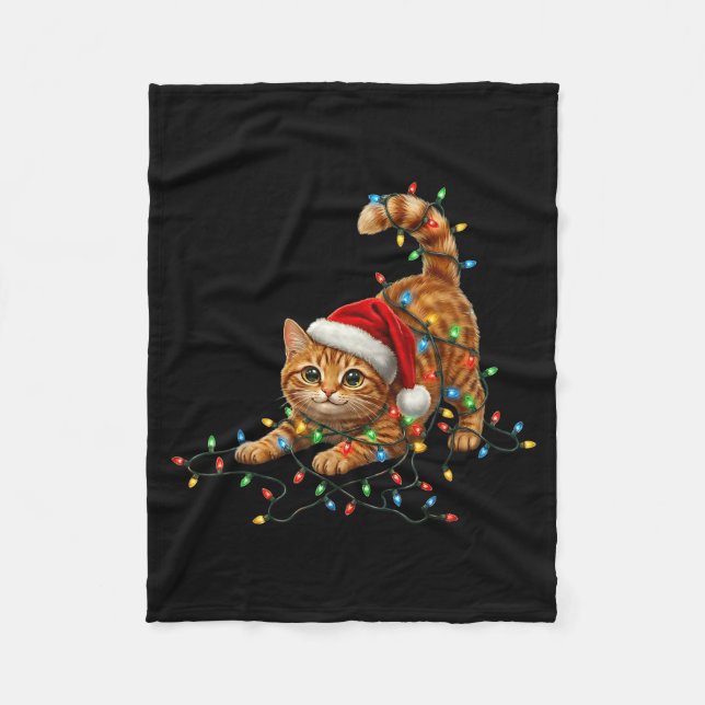 Cute Tabby Cat Christmas Funny Lights Xmas Cat In  Fleece Blanket (Front)