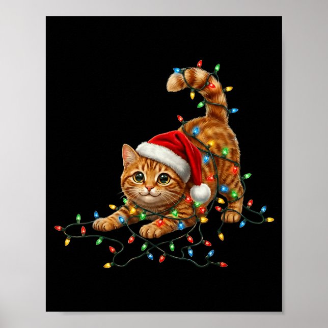 Cute Tabby Cat Christmas Funny Lights Xmas Cat In  Poster (Front)