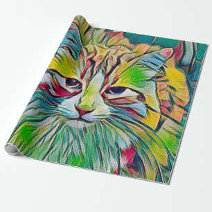 Cute Tabby Cat Colourful Abstract Green Blue Art Wrapping Paper