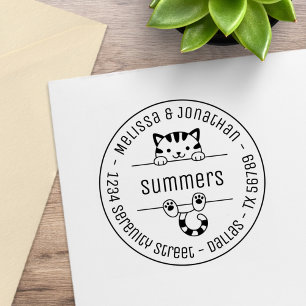 Cute Tabby Cat Couple Family Round Address Rubber Stamp