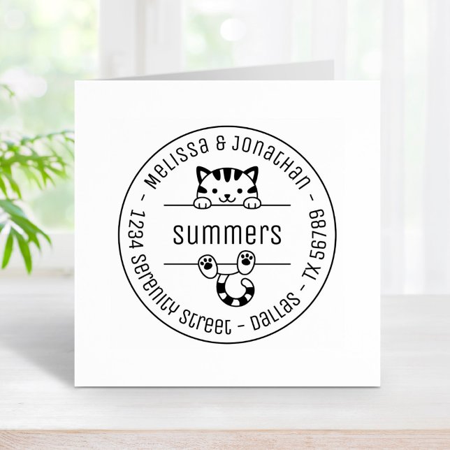 Cute Tabby Cat Couple Family Round Address Rubber Stamp (Creator Uploaded)