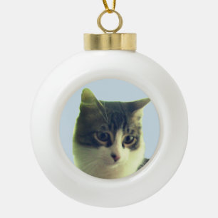 Cute Tabby Cat Face Ceramic Ball Christmas Ornament