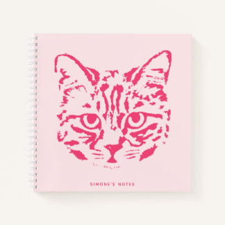 Cute Tabby Cat Face Pink and Red Notebook
