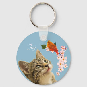 Cute Tabby Cat, Flowers and Red Little Bird Key Ring