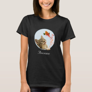 Cute Tabby Cat, Flowers and Red Little Bird  T-Shi T-Shirt