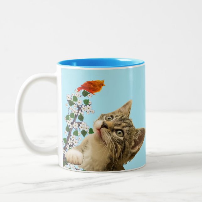 Cute Tabby Cat, Flowers & Bird on Light Blue Two-Tone Coffee Mug (Left)