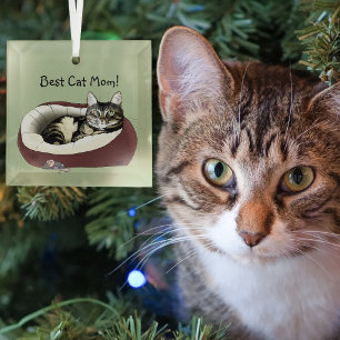 Cute Tabby Cat Green Mother’s Day Glass Tree Decoration