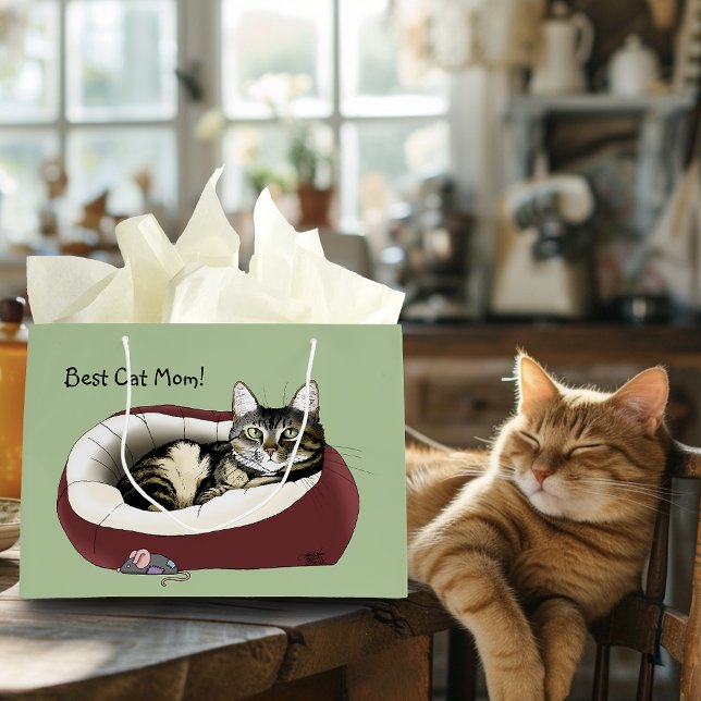 Cute Tabby Cat Green Mother’s Day Large Gift Bag (Creator Uploaded)