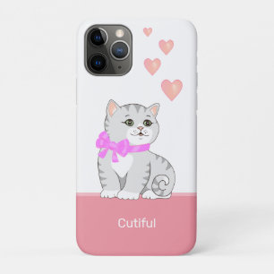 Cute Tabby Cat & Hearts on Pink & White Case-Mate iPhone Case