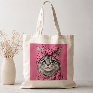 Cute Tabby Cat in Retro Pink Polka Dot Bandanna Tote Bag