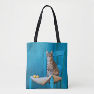 Cute Tabby Cat Kitten on a Blue Chair Photo - Tote Bag