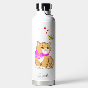 Cute Tabby Cat & Little Bird Water Bottle