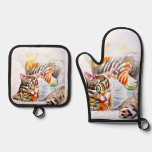 Cute Tabby Cat Merry Cats Christmas Mothers Oven Mitt & Pot Holder Set