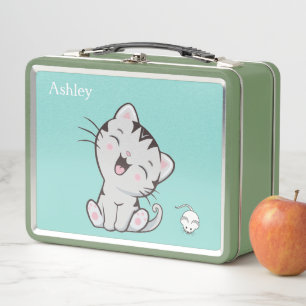 Cute Tabby Cat & Mouse on Light Blue Metal Lunch Box