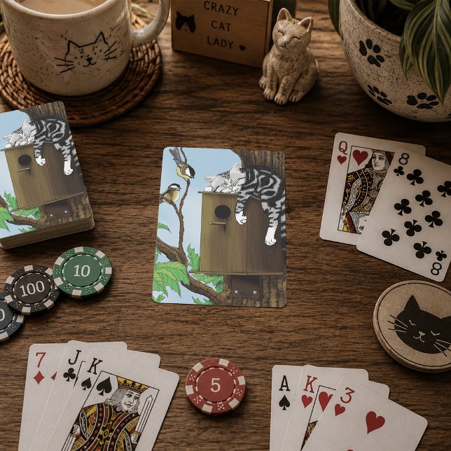 Cute Tabby Cat Napping Birdhouse Funny Playing Cards (Creator Uploaded)