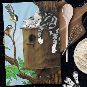 Cute Tabby Cat Napping Birdhouse Funny Tea Towel