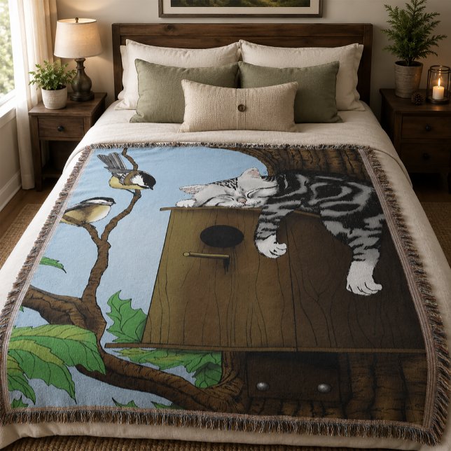 Cute Tabby Cat Napping Birdhouse Funny Throw Blanket (Creator Uploaded)