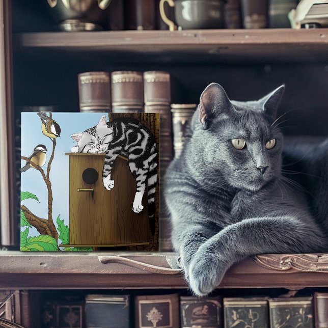 Cute Tabby Cat Napping Birdhouse Funny Tile (Creator Uploaded)