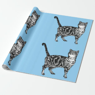 Cute Tabby Cat Pastel Blue Colorful art Wrapping Paper
