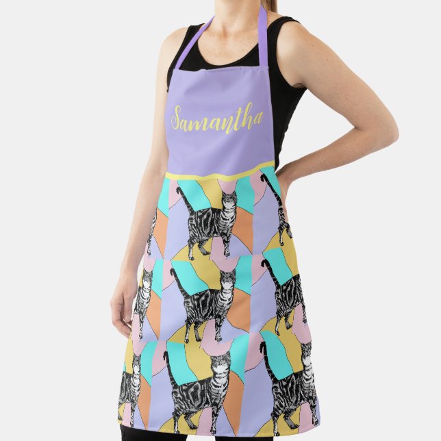 Cute Tabby Cat Pastel Colors Pattern Womans Apron (Insitu)