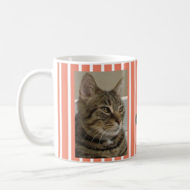 Cute Tabby Cat Personalised Striped Coffee Mug (Left)