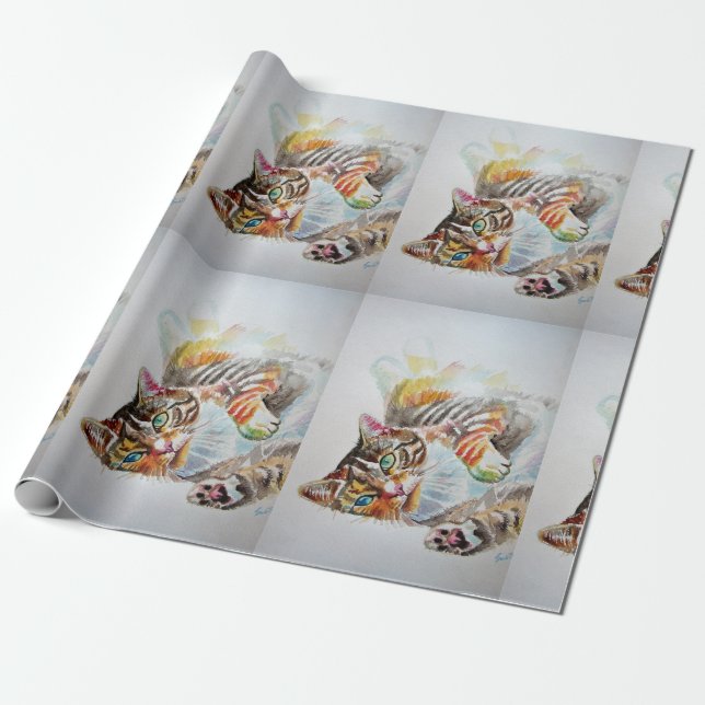 Cute Tabby Cat Playing Art Watercolour Wrapping Paper (Unrolled)