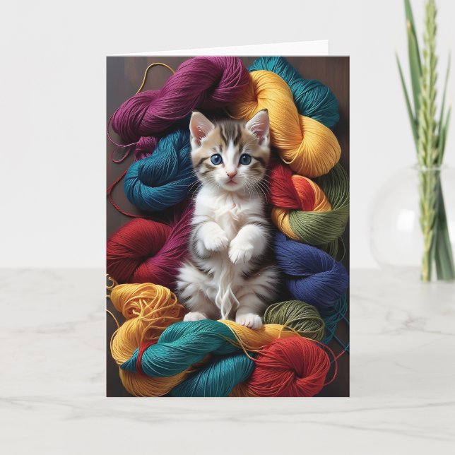 Cute Tabby Cat Playing in Rolls of Yarn Blank Card (Front)