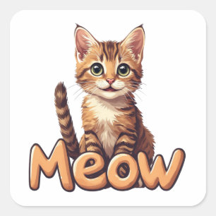 Cute Tabby Cat Portrait With Meow Text For Fun 🐾 Square Sticker