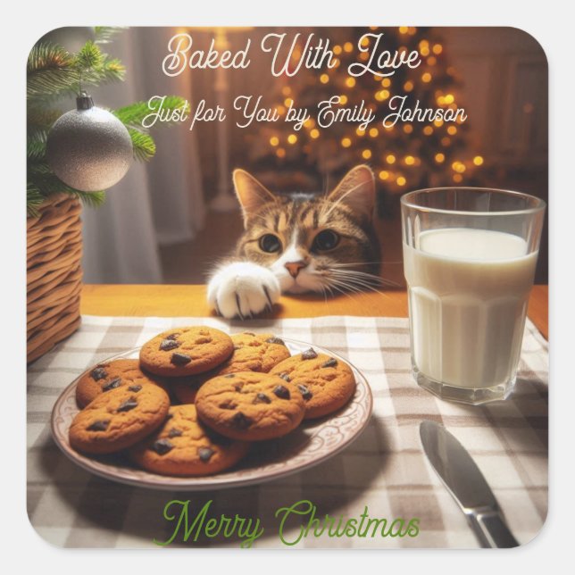 Cute Tabby Cat Reaching for Cookies Christmas Square Sticker (Front)