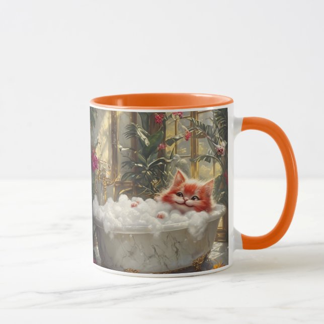 Cute Tabby Cat Relaxing In Luxurious Marble Bath Mug (Right)