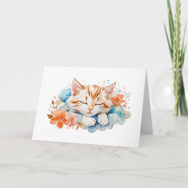 Cute Tabby Cat Sleeping Among Flowers Blank Card (Front)