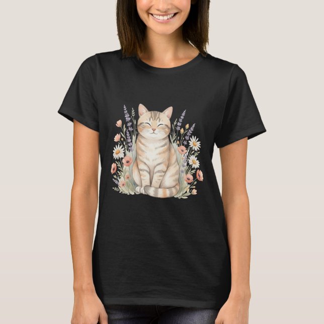Cute Tabby Cat Whimsical Floral Watercolor Tee (Front)