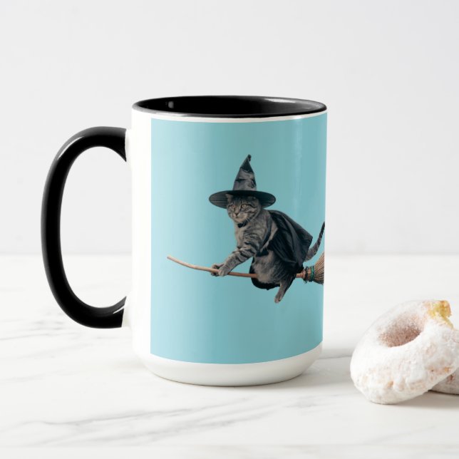 Cute Tabby Cat Witch Halloween Mug (With Donut)