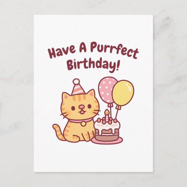 Cute Tabby Cat With Cake Purrfect Birthday Funny Postcard (Front)