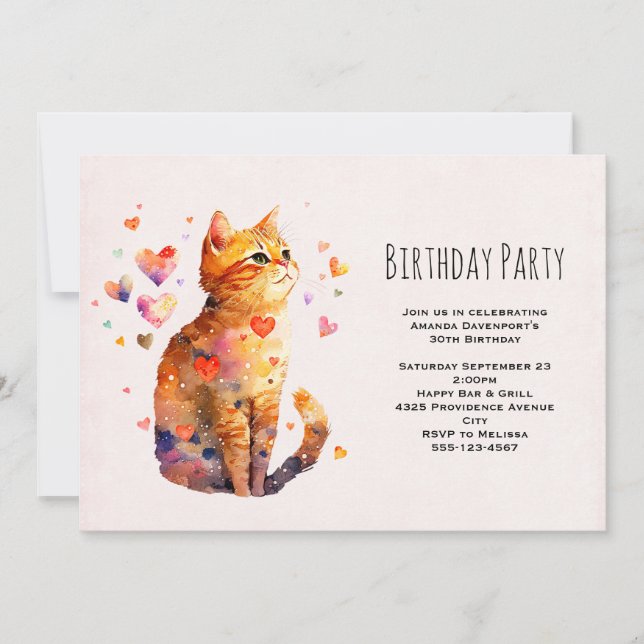 Cute Tabby Cat with Hearts Birthday Invitation (Front)