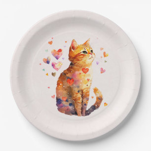 Cute Tabby Cat with Hearts Paper Plate
