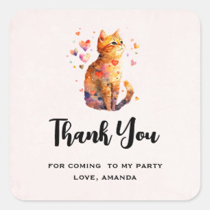 Cute Tabby Cat with Hearts Party Thank You Square Sticker