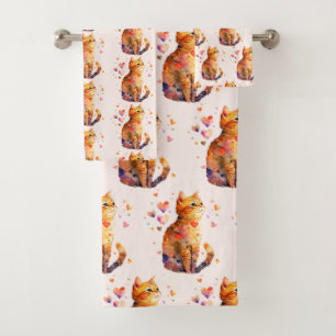 Cute Tabby Cat with Hearts Pattern Bath Towel Set