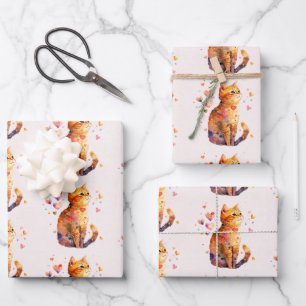 Cute Tabby Cat with Hearts Pattern Wrapping Paper Sheet