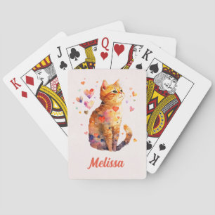 Cute Tabby Cat with Hearts Playing Cards