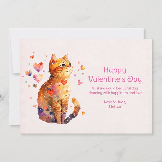 Cute Tabby Cat with Hearts Valentine's Day Holiday Card (Front)