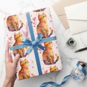 Cute Tabby Cat with Hearts Wrapping Paper